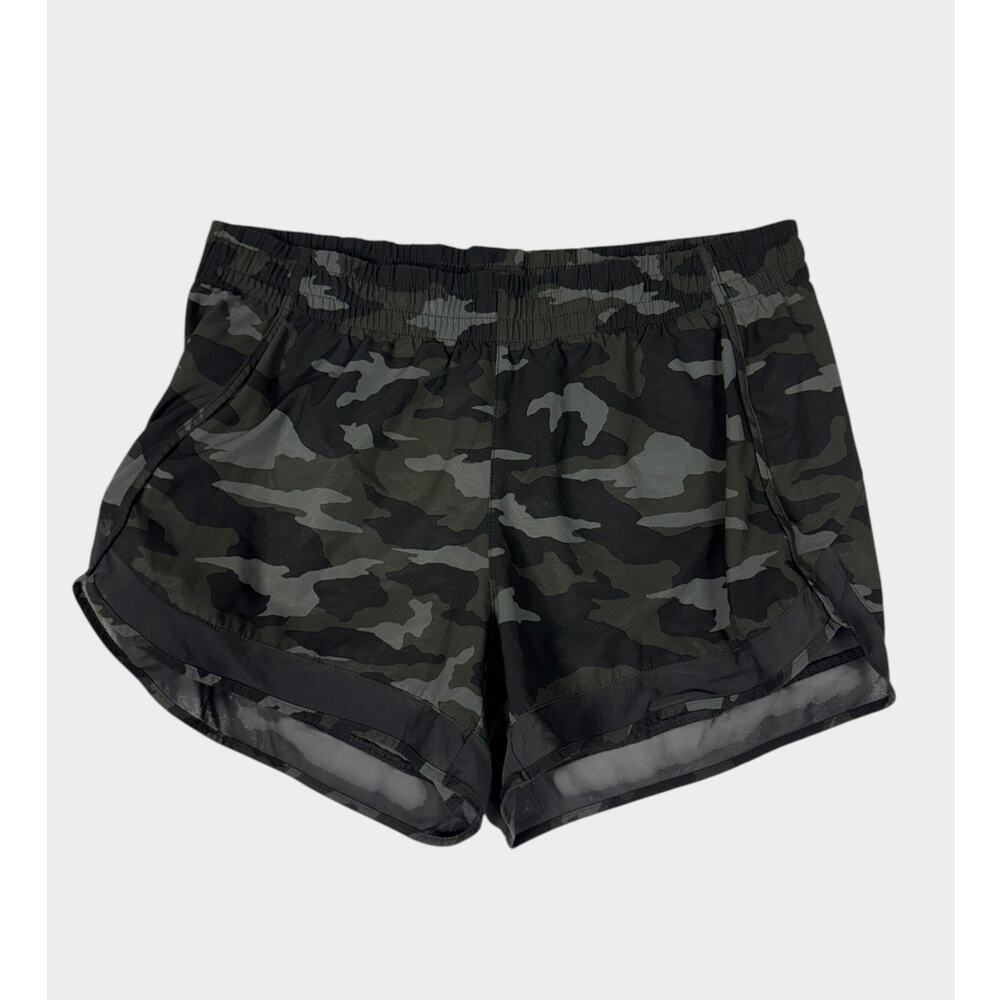 Athleta Printed Mesh Race Run Shorts 4" Womens Large Green Camouflage